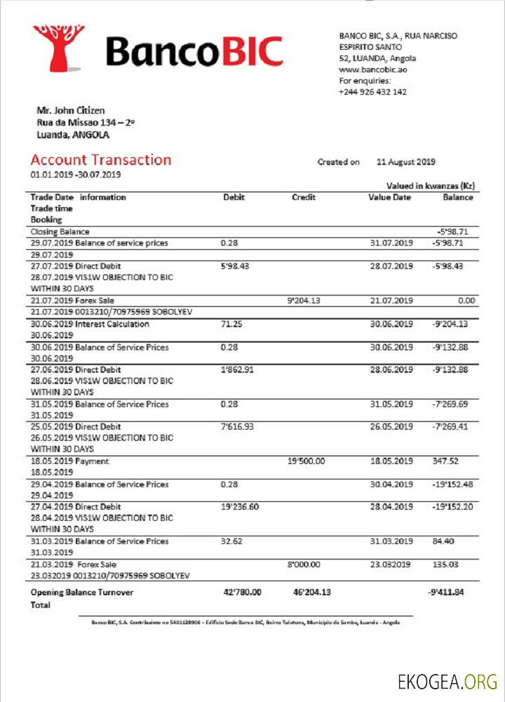 Relevé bancaire Angola Banco BIC